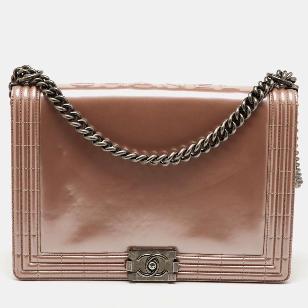 Chanel Reverso Boy Medium Beige Patent Leather Shoulder Bags
